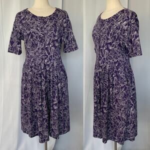 Vintage Midi Dress Size Medium Petite Purple White Floral A Line Button Cottage
